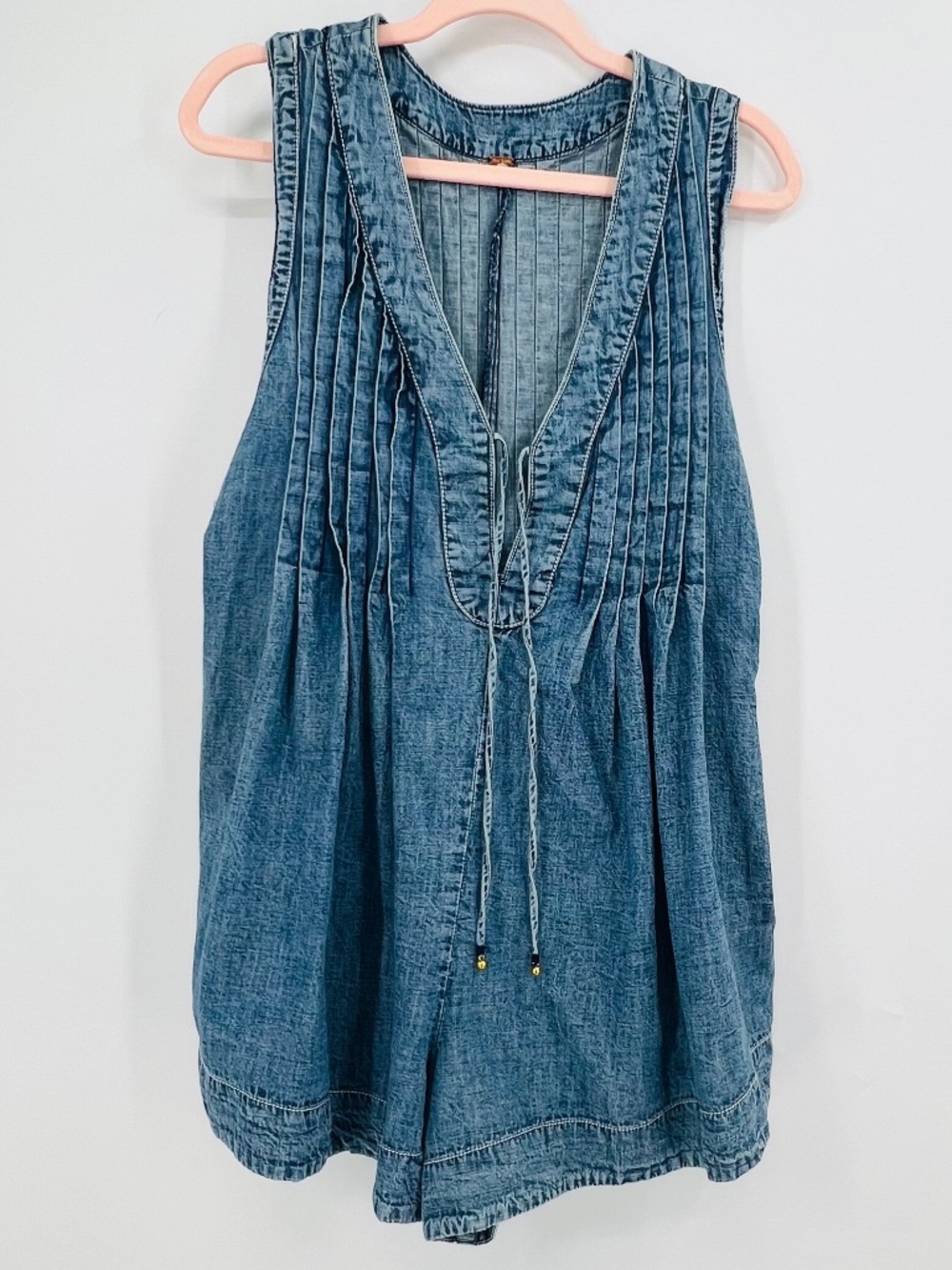Free People Webster 100% Cotton Denim Romper S (est) Front Tie Side Zip Tuxedo